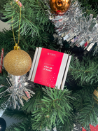 Eine rote Geschenkbox mit der Aufschrift "Glow up & Relax" hängt an einem Weihnachtsbaum.